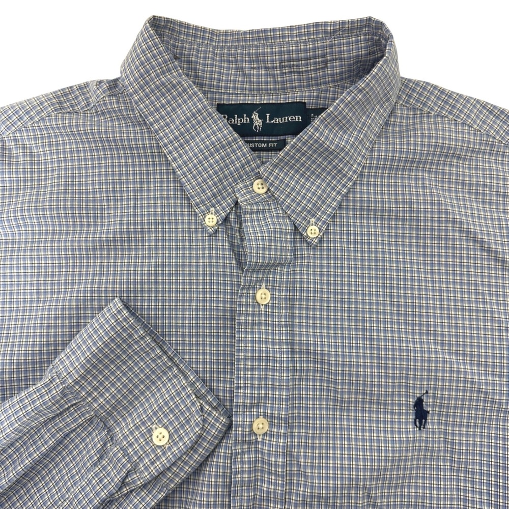 Ralph Lauren Custom Fit Button Down Shirt Blue Plaid Long Sleeve‎ Mens XXL